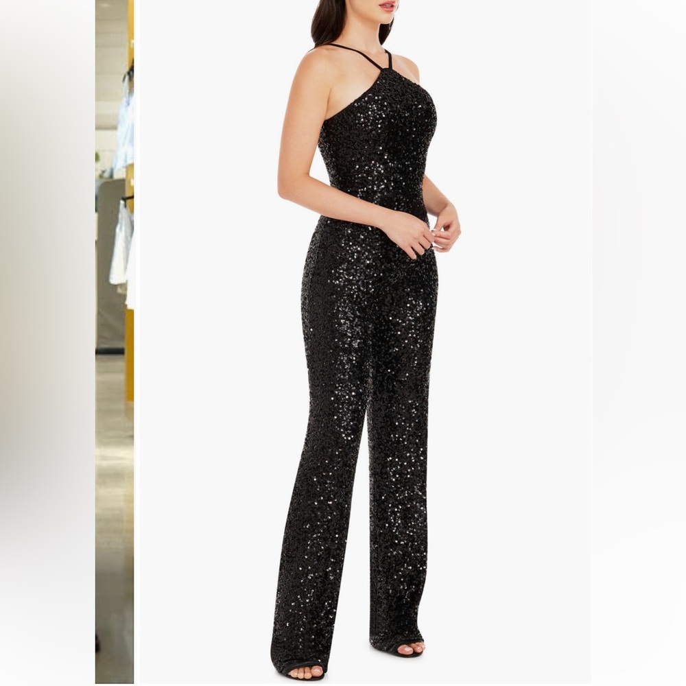 Dress the Population Darian Sequins Halter Black Jumpsuit Medium - Picture 4 of 9